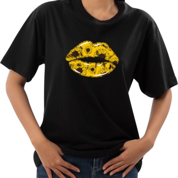 sunflower lips on a black tee