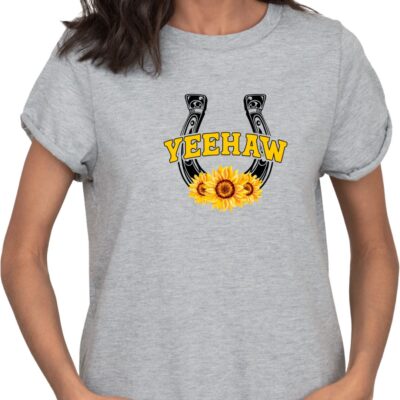 Horseshoe sunflower design that says yeehaw on a grey tee.