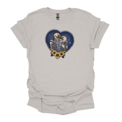 Blue heart with kissing skeletons and sunflowers. On an ice grey tee.