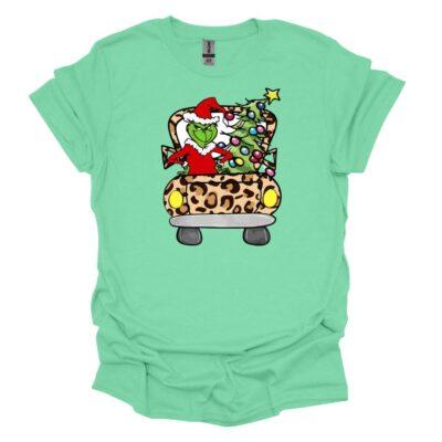 The Grinch In A Leopard Truck Christmas Tee - mint green