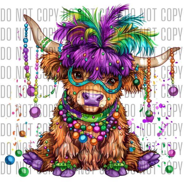 Mardi Gras Highland Cow DTF design