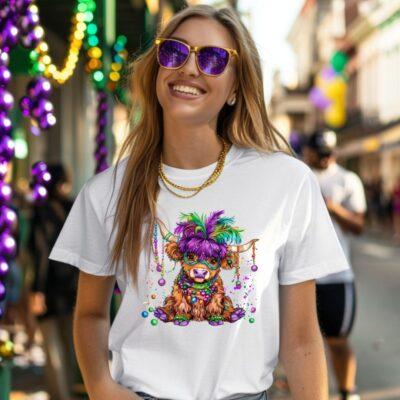 Mardi Gras Highland Cow white tee